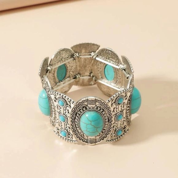 Vintage Silver Turquoise Wide Bracelet - Picture 3 of 4
